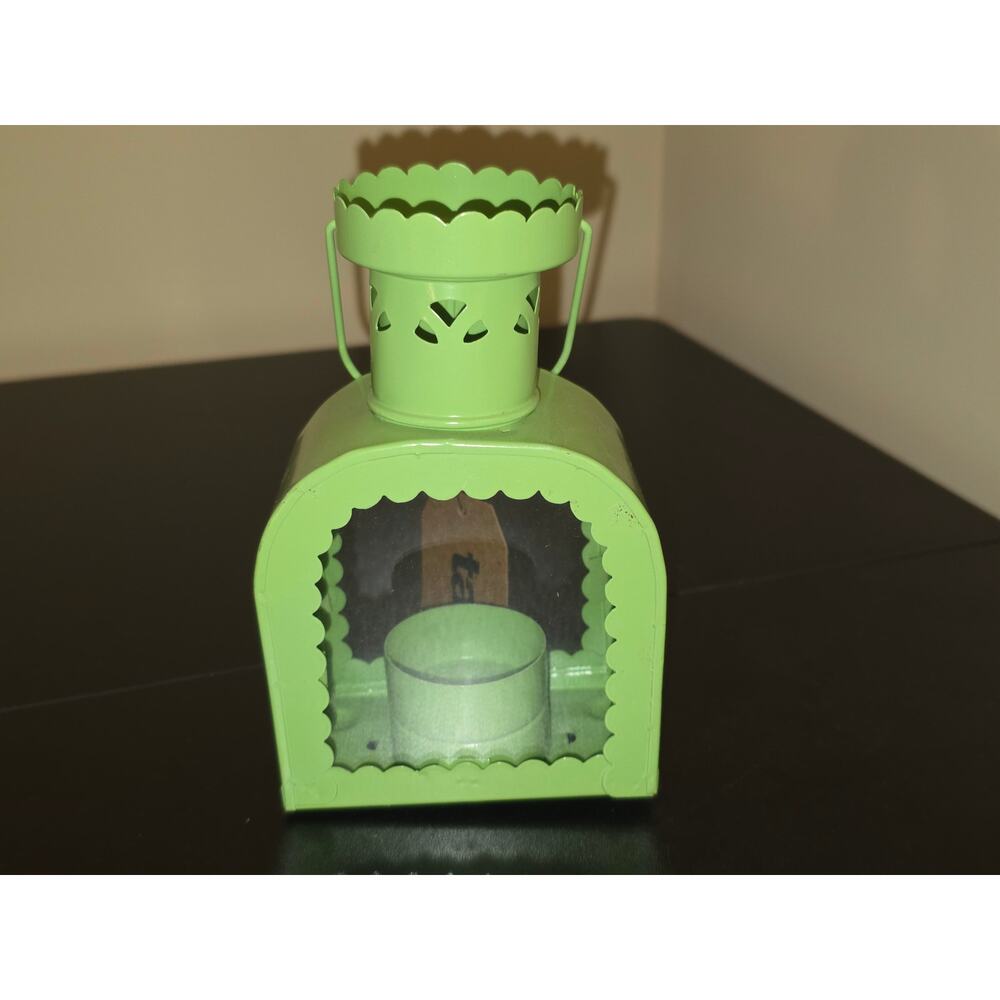 Tag Small Green Enamel Metal Tealight Lantern Candle Holder, 5.5” Tall